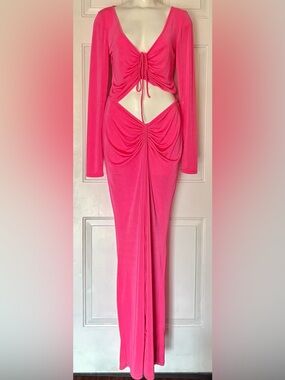 Good American Hot Pink V-Neck Ruched Long Sleeve Ribbed Top & Pants 4/6